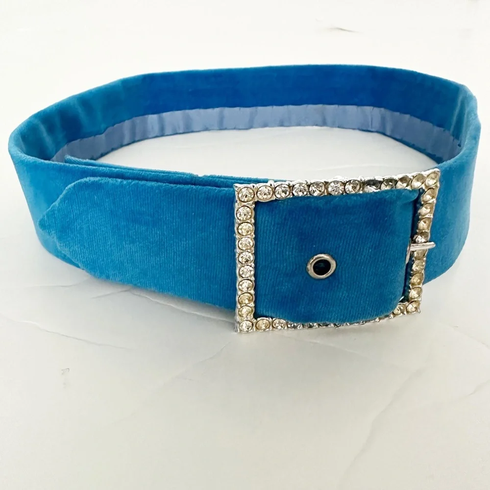 vintage kids handmade BELT blue velvet & rhinestones size unknown length: 27